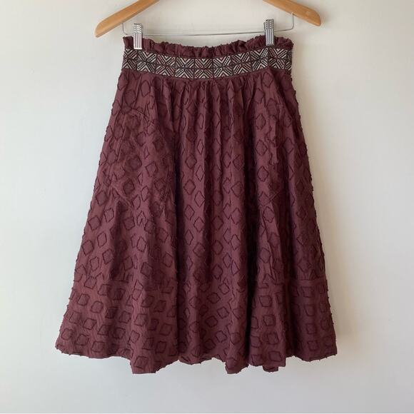 Anthropologie Maeve Diamond Cut Midi Full Skirt Size 2 Embroidered Waist Brown - Picture 1 of 12